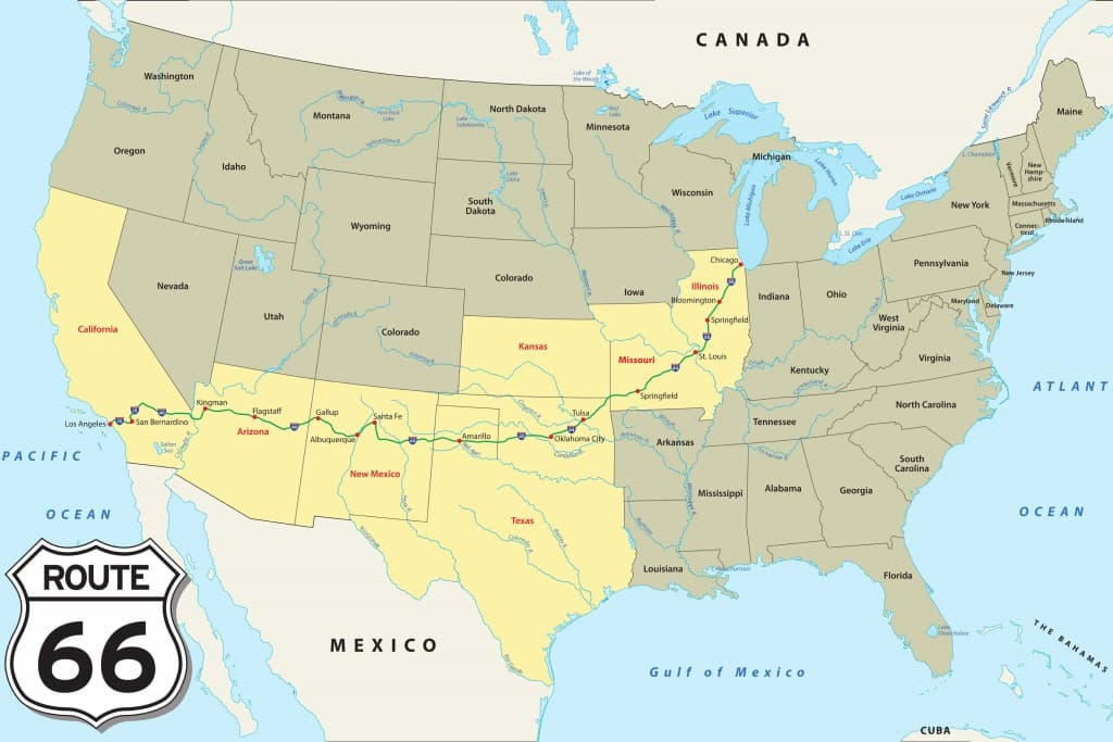 Mapa da Rota 66 - Estados Unidos